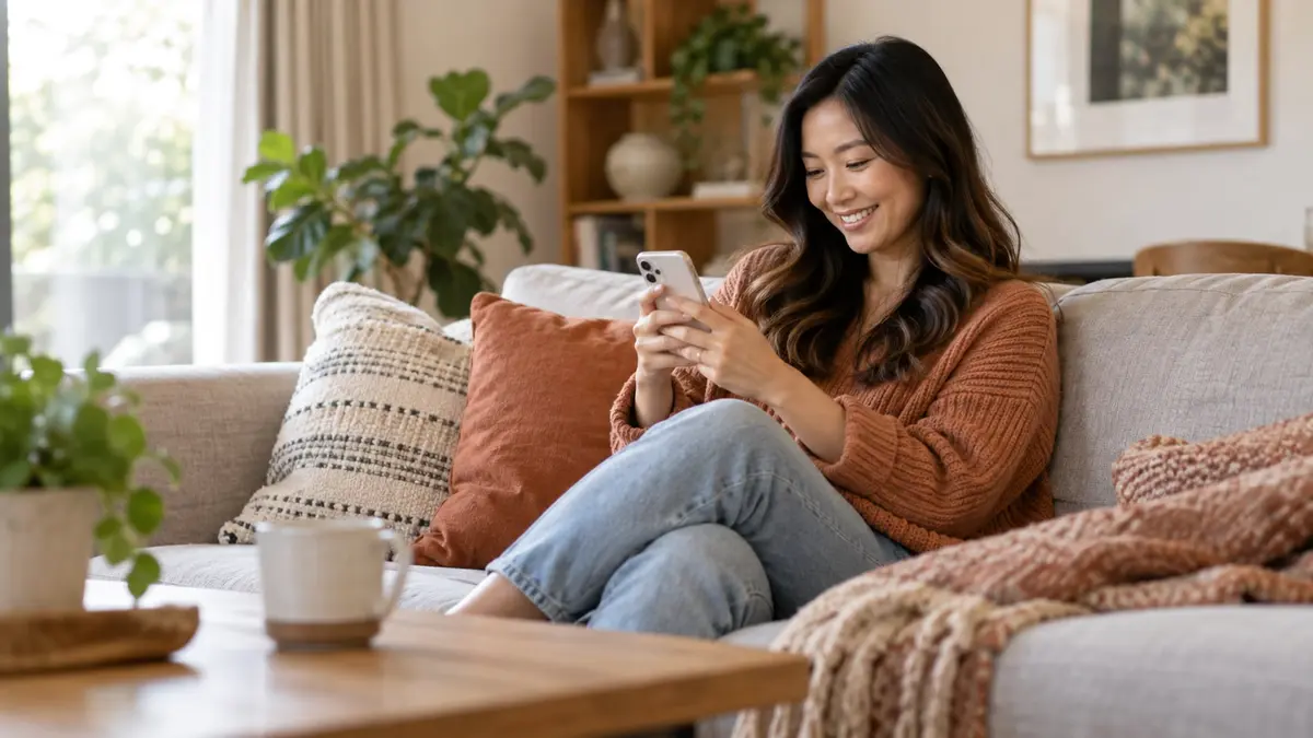 Une femme asiatique souriante consulte son téléphone sur un canapé dans un salon lumineux.