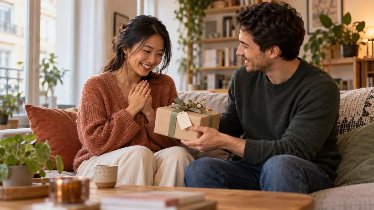 Une femme asiatique sourit en recevant un cadeau de son partenaire dans un salon lumineux.