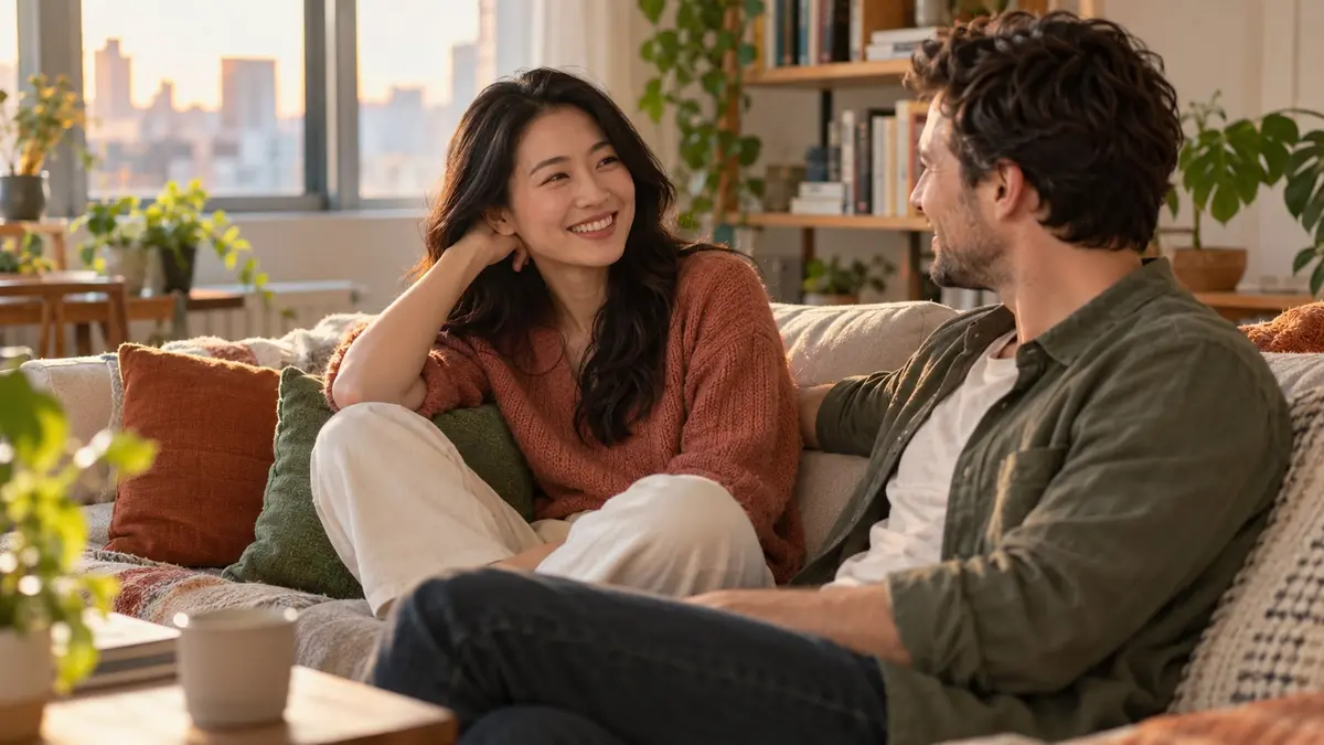 Une femme asiatique adulte échange chaleureusement avec son partenaire dans un salon contemporain baigné de lumière.