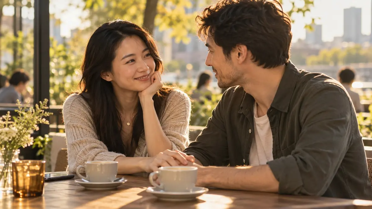 Une femme asiatique adulte et son partenaire échangent un regard complice dans un café lumineux.
