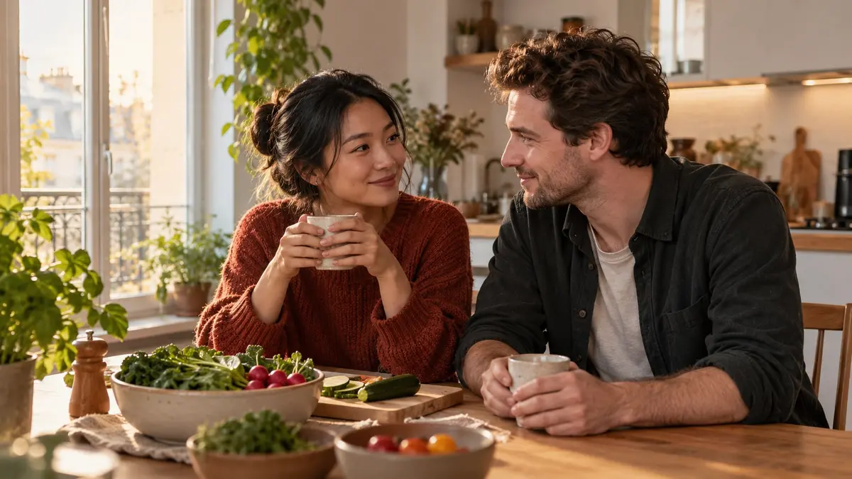 Un couple franco-asiatique échange un regard complice dans une cuisine baignée de lumière naturelle.