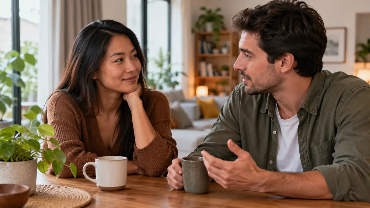 Deux adultes discutent avec attention autour d’un café dans un intérieur lumineux et contemporain.