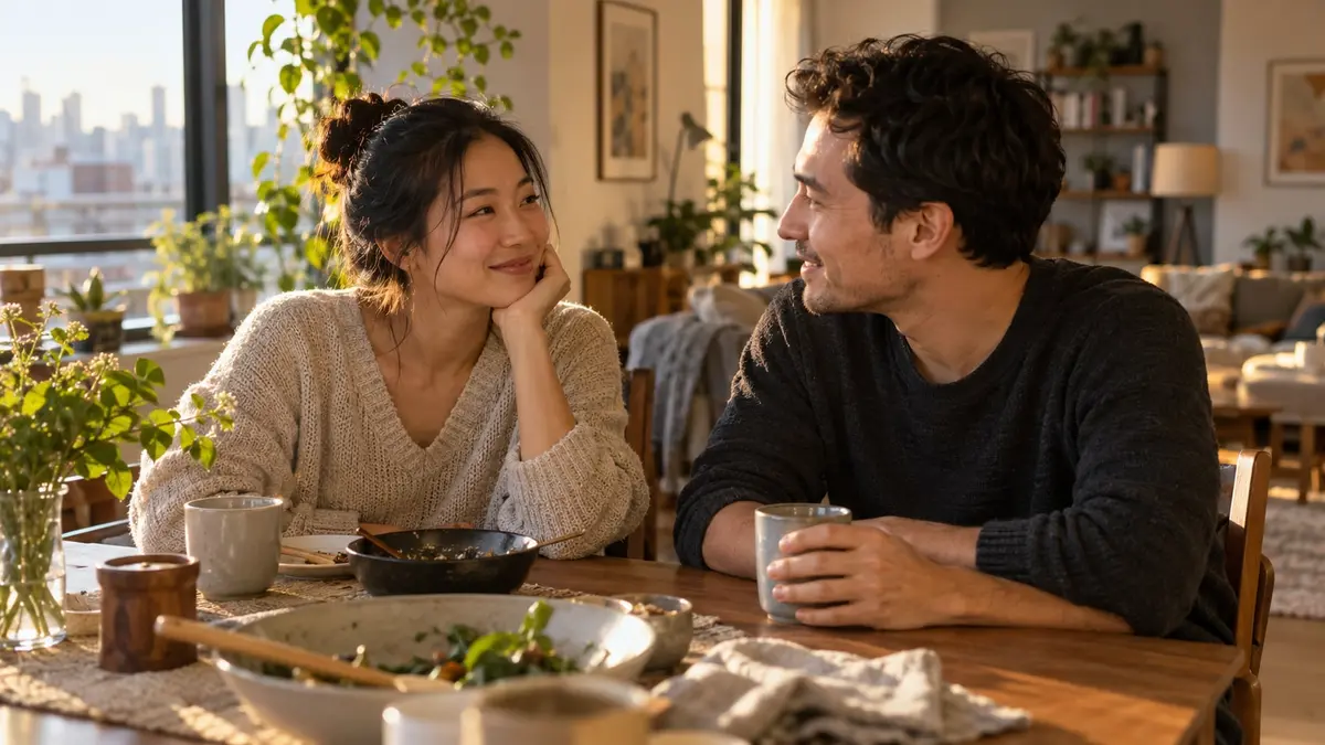 Deux adultes sourient et discutent autour d’une table, dans un appartement baigné de lumière dorée.