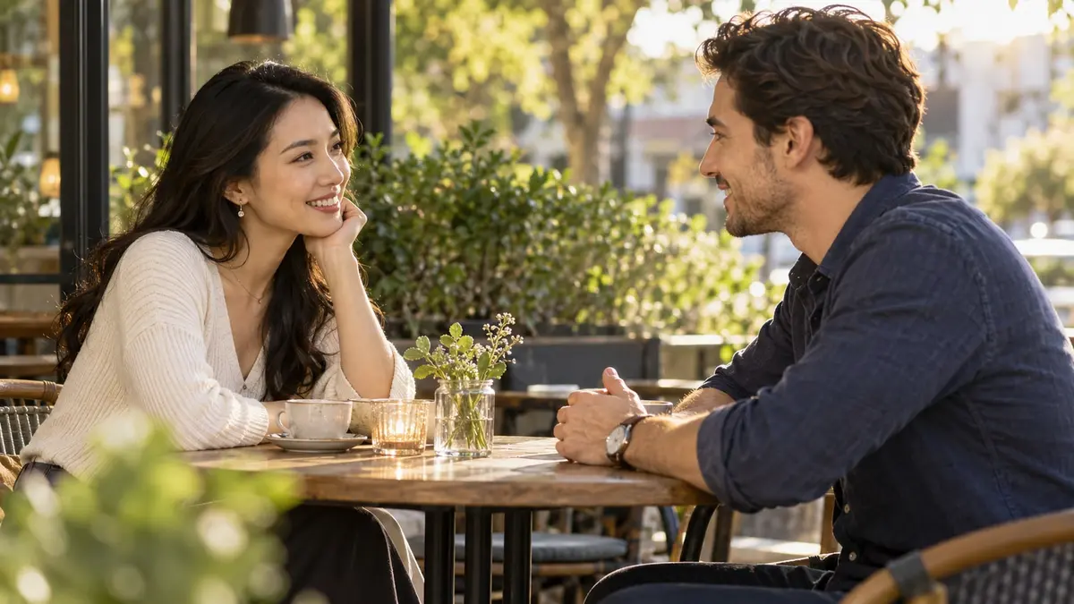 Deux adultes souriants échangent autour d’un café en terrasse, dans une lumière dorée de fin d’après-midi.