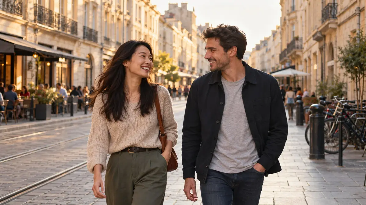 Une femme asiatique et un homme rient en marchant dans une rue baignée de soleil à Bordeaux.