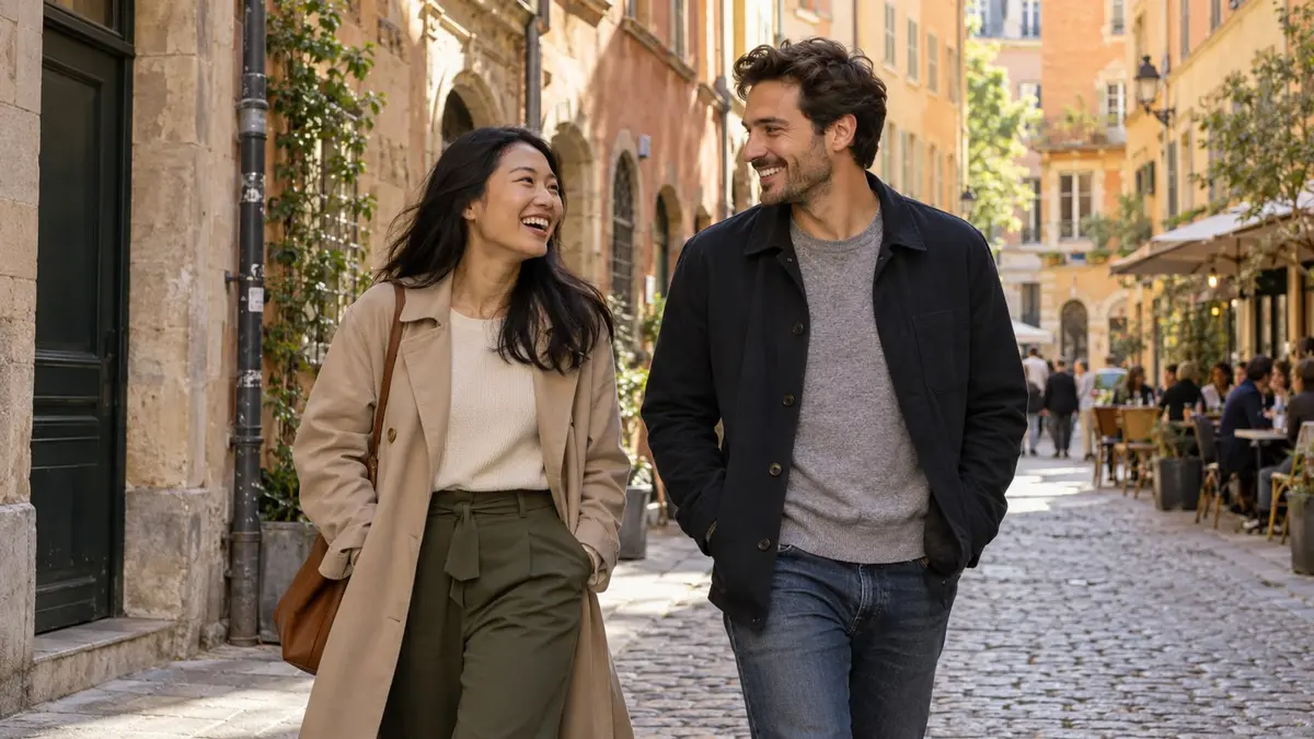 Une femme asiatique et un homme rient en se promenant dans une rue chaleureuse de Lyon.