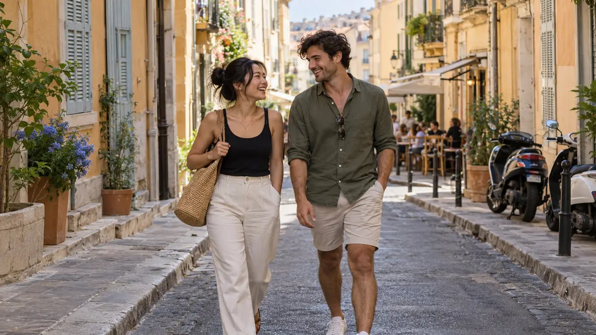 Une femme asiatique et un homme rient en se promenant dans une rue ensoleillée de Marseille.