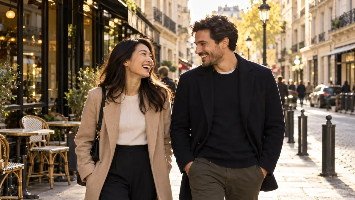 Une femme asiatique et un homme rient en marchant dans une rue parisienne baignée de lumière chaude.
