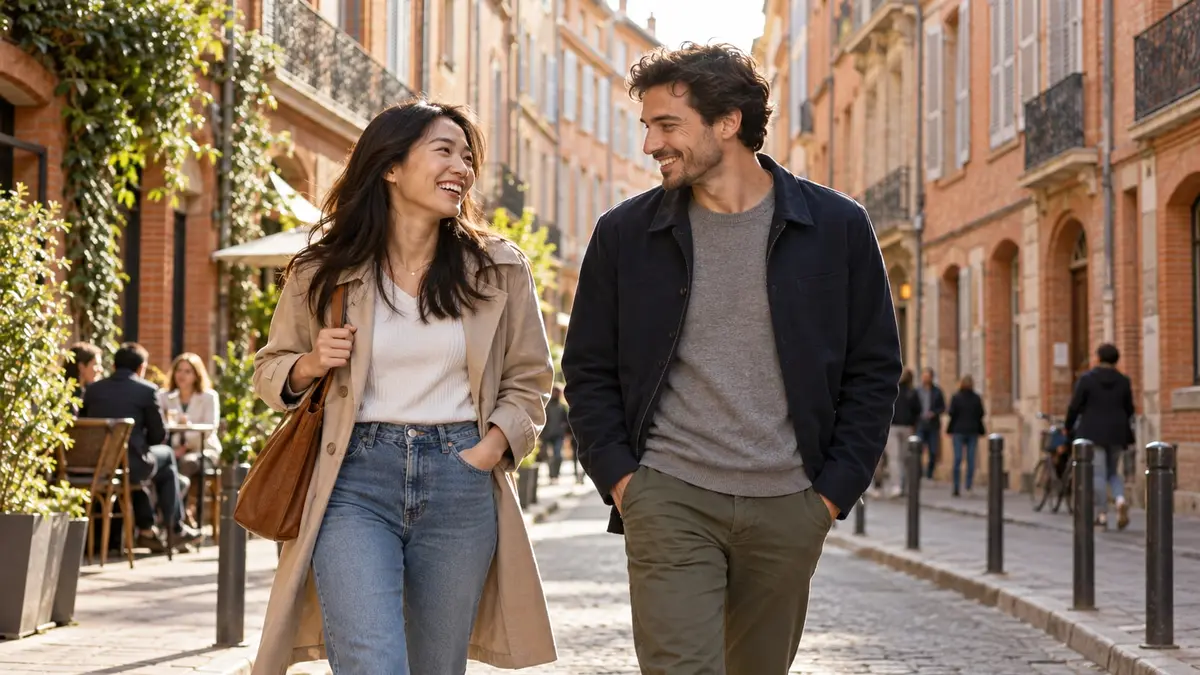 Une femme asiatique et un homme rient en se promenant dans une rue en brique rose de Toulouse.