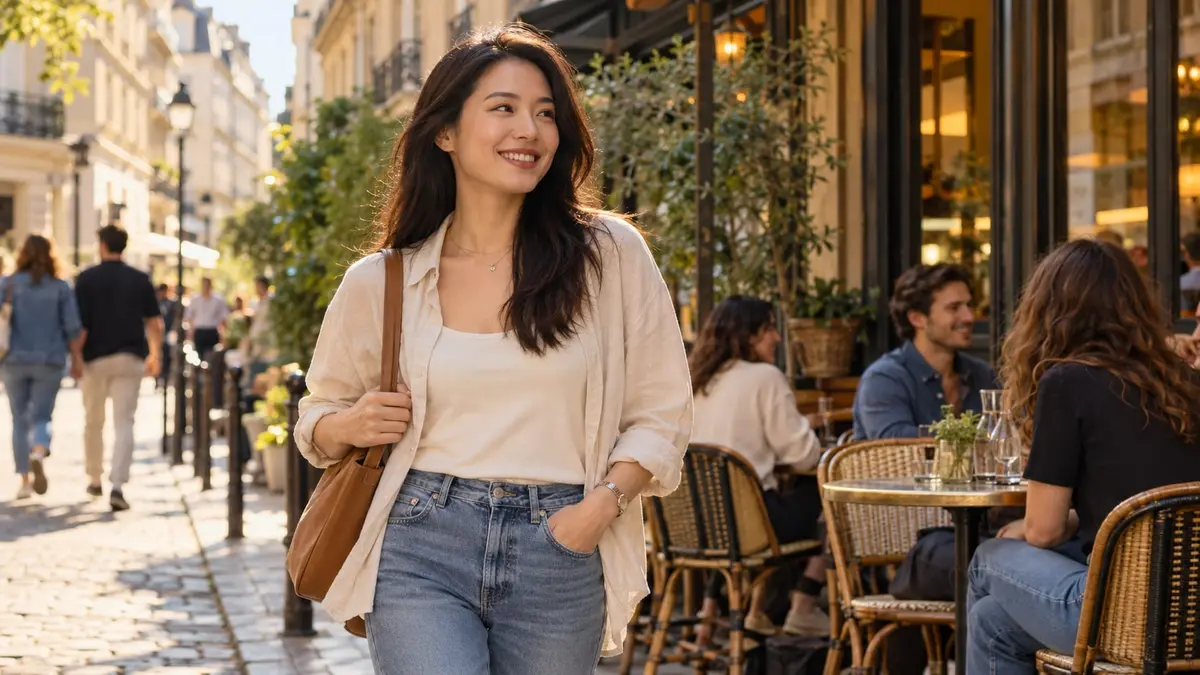 Femme chinoise adulte souriante devant une terrasse de café dans une rue française ensoleillée.