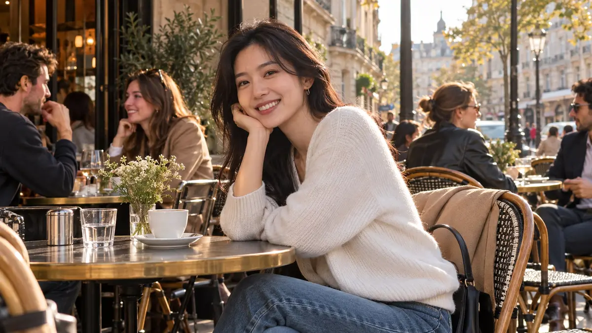 Femme coréenne souriante, assise à la terrasse d’un café français baigné de lumière dorée.
