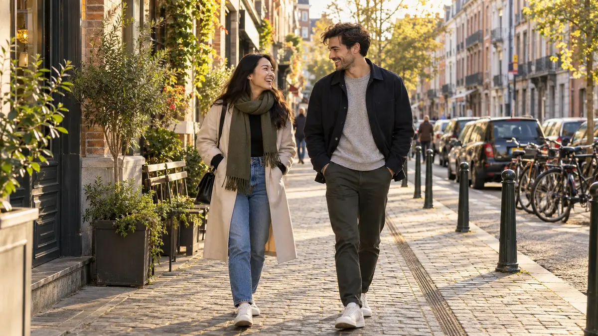 Une femme asiatique et un homme rient en marchant dans une rue chaleureuse de Bruxelles.