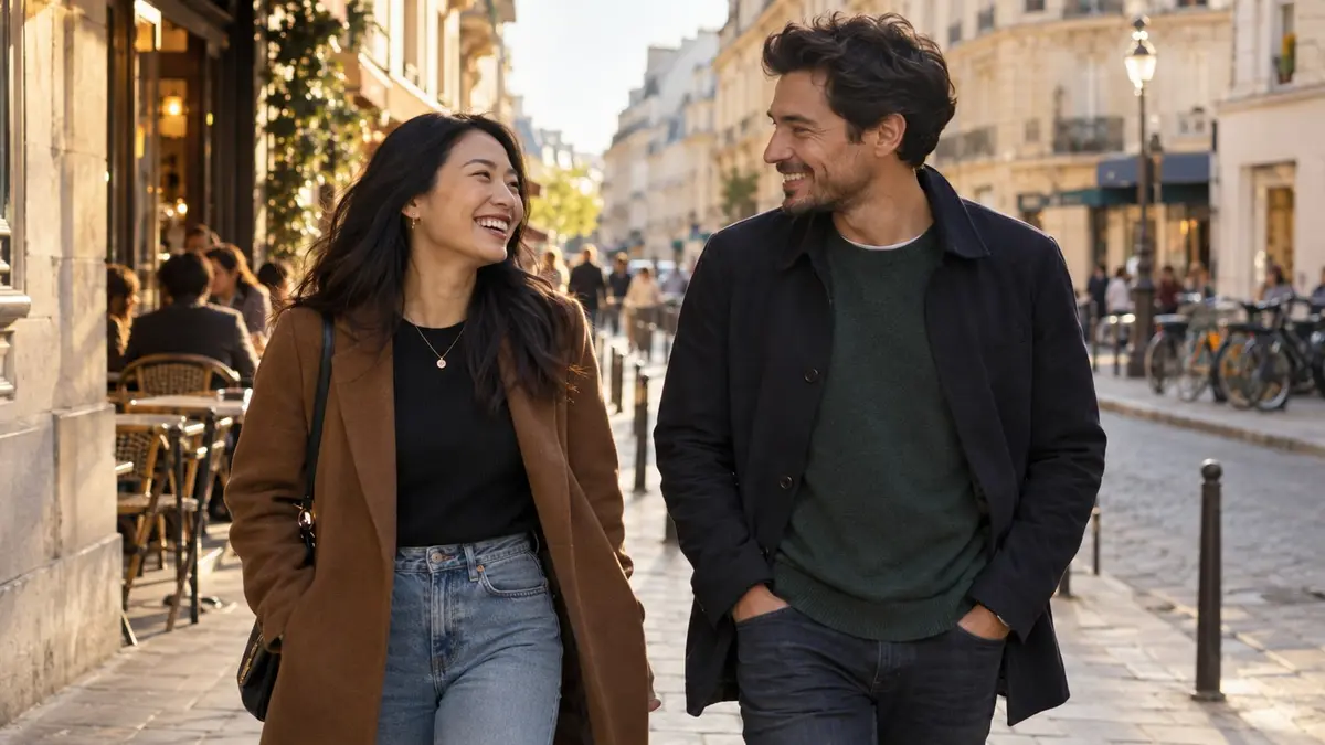 Une femme asiatique et un homme rient en marchant dans une rue française baignée de lumière chaude.