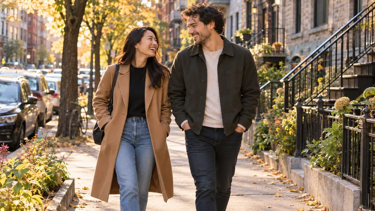 Une femme asiatique et un homme adultes rient en marchant dans une rue ensoleillée de Montréal.