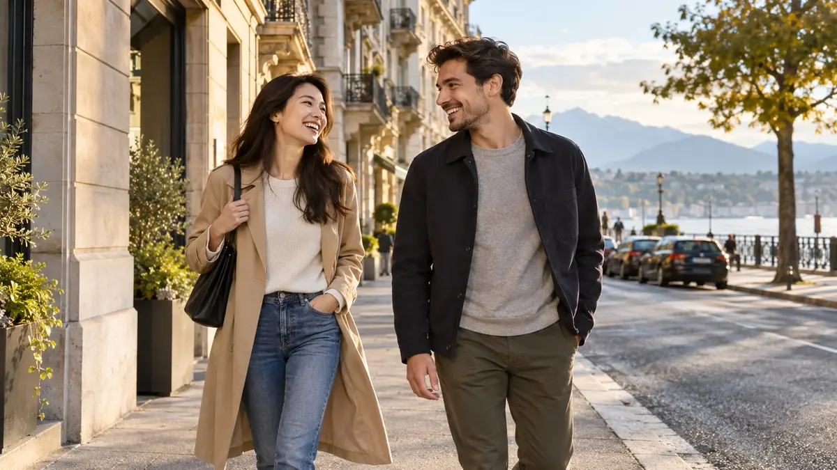 Une femme asiatique et un homme rient en marchant dans une rue ensoleillée de Genève.