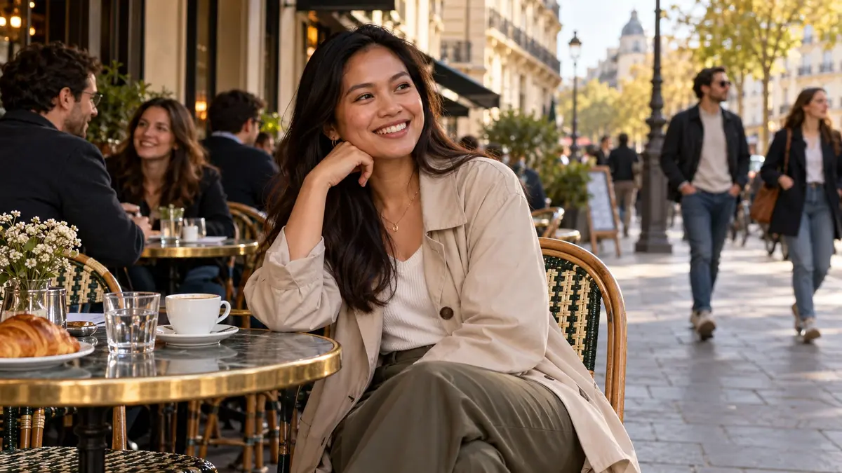 Une femme philippine souriante est assise à la terrasse d’un café dans une rue française ensoleillée.