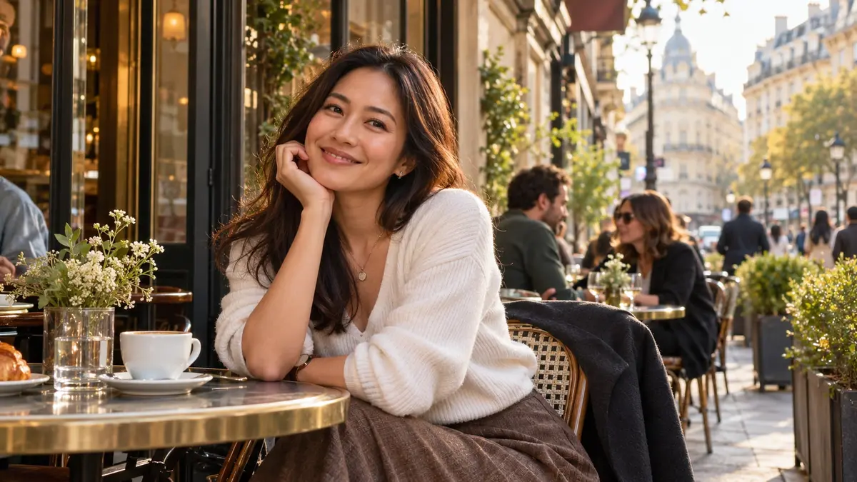 Une femme thaïlandaise sourit devant un café de rue français baigné de lumière chaude.
