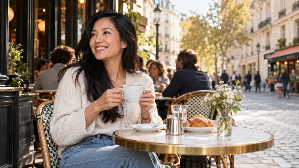 Une femme vietnamienne souriante prend un café en terrasse dans une rue française baignée de lumière.