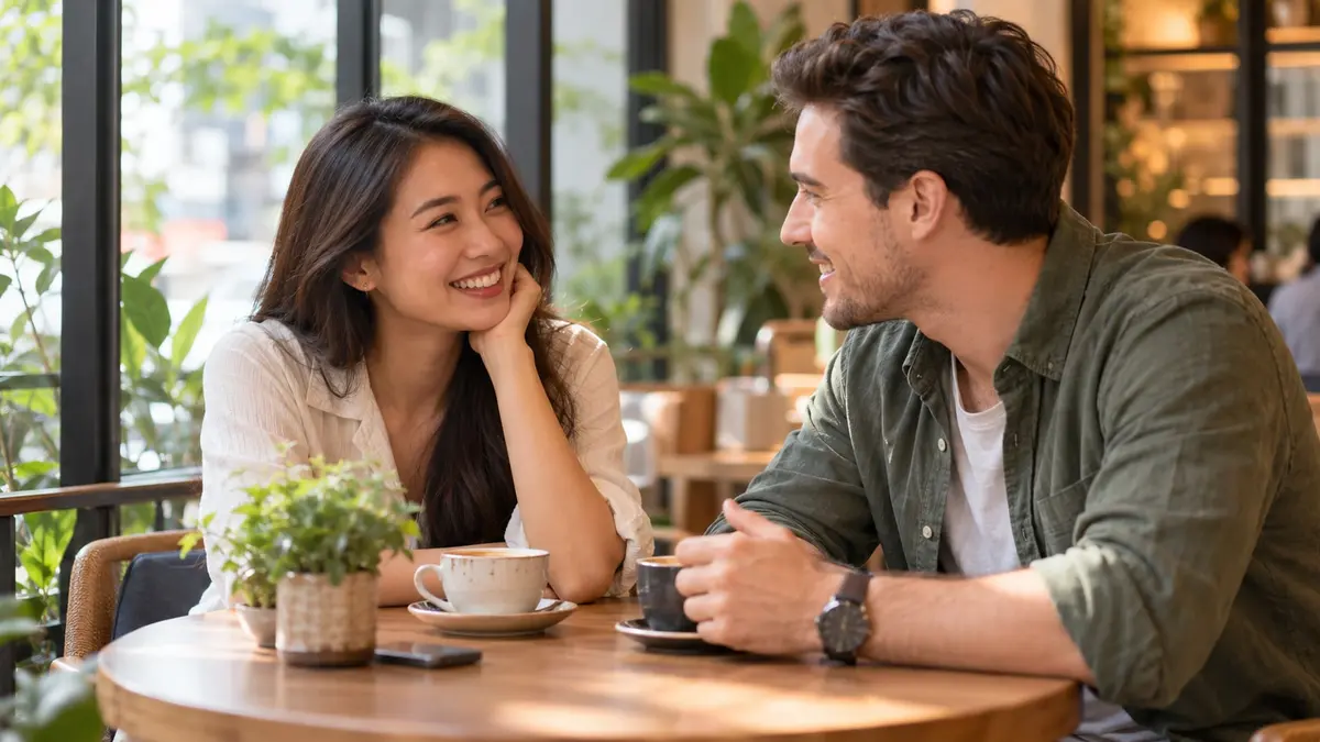 Deux adultes sourient et échangent naturellement autour d’un café lumineux.
